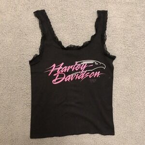 Vtg 90s Pink 3D Emblem Harley Davidson Lace Crop Top Tank Medium Black Eagle